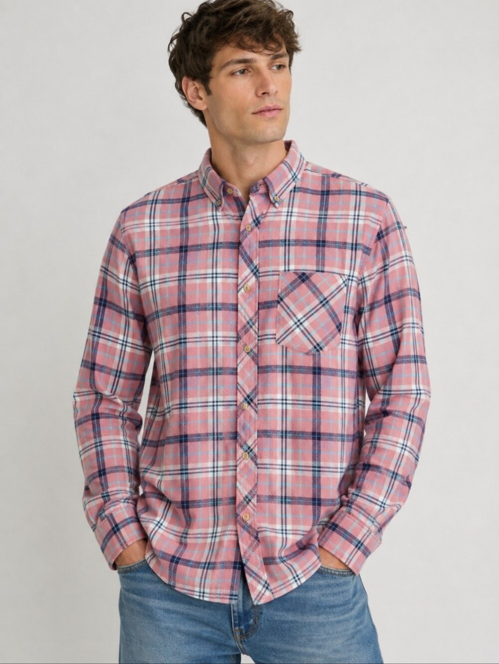 21 Men Lightweight Flannel Button Down Pink & Blue Plaid Shirt Cotton Size Large
